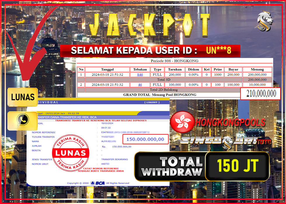 Jackpot Togel Hongkong Rp 150.000.000 – LUNAS