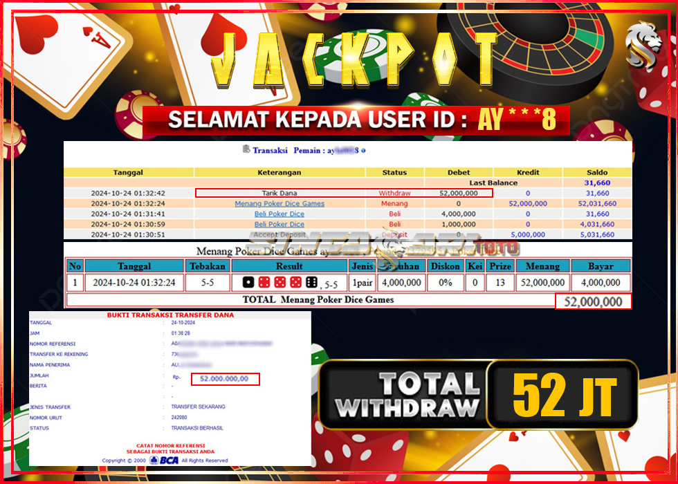 Jackpot Casino Poker Dice Games Rp 52.000.000 – LUNAS