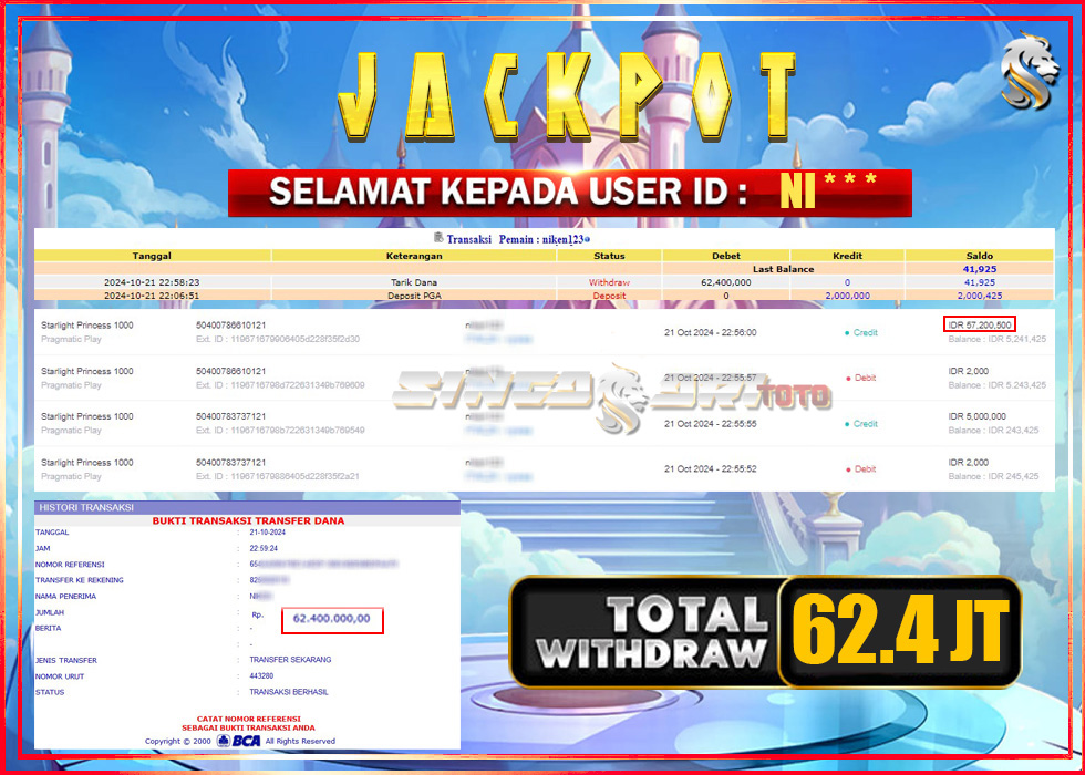 Jackpot Slot Pragmaticplay Starlight Princess 1000 Rp 57.200.000 – LUNAS