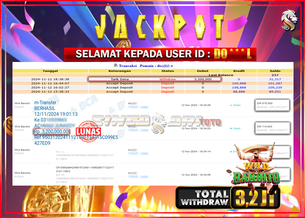 Jackpot Slot Pgsoft Wild Bandito Rp 3.200.000 – LUNAS