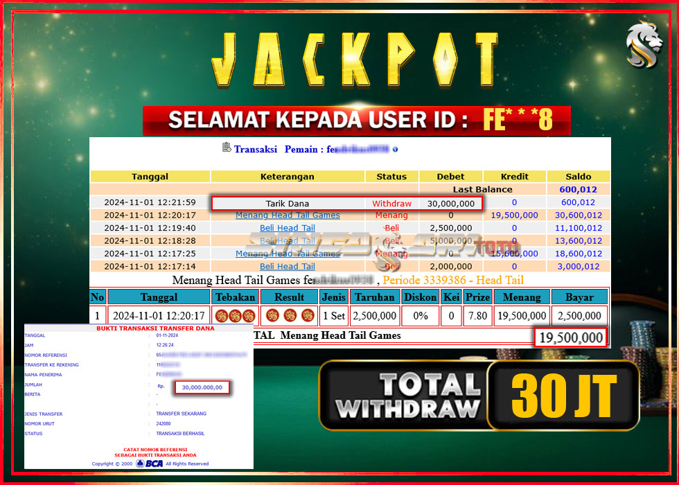 Jackpot Casino Head Tail GamesRp 35.100.000 – LUNAS