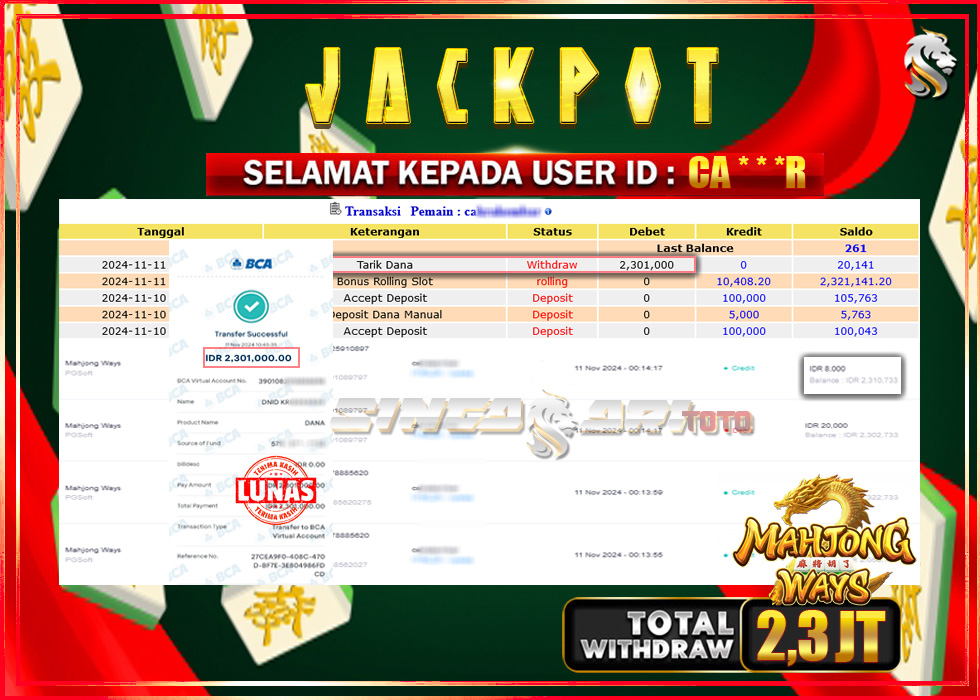 Jackpot Slot PGSoft Mahyong Ways Rp 2.301.000 – LUNAS