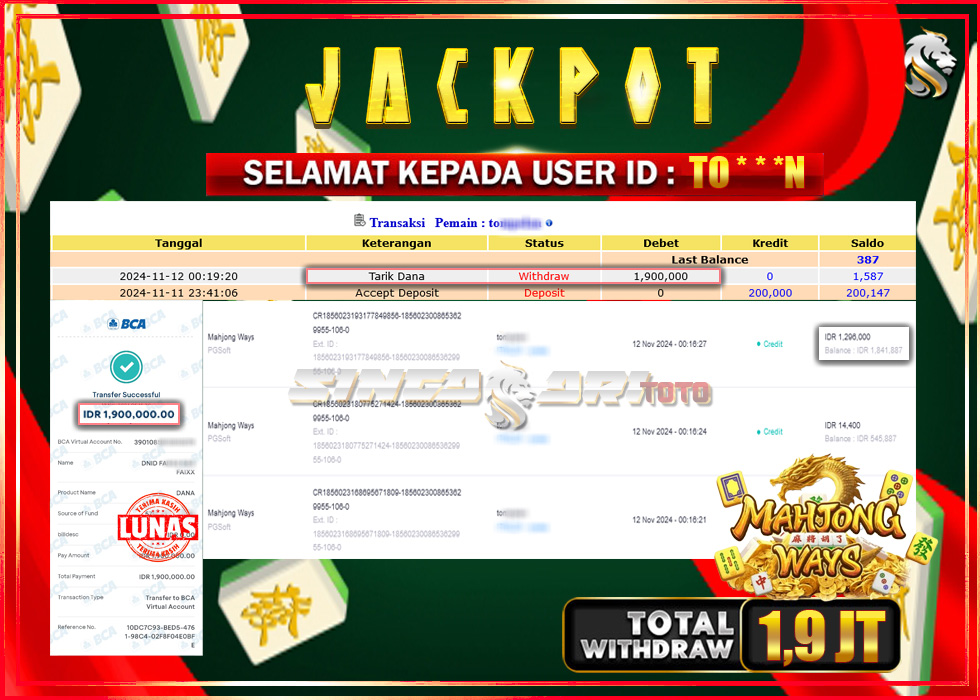 Jackpot Slot PGSoft Mahyong Ways Rp 1.900.000 – LUNAS