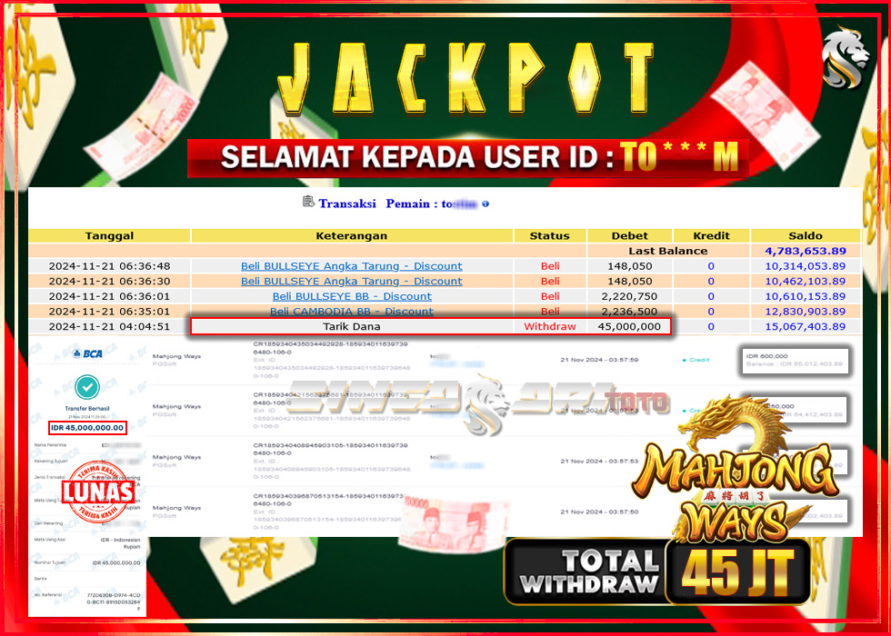 Jackpot Slot PGSoft Mahyong Ways Rp 45.000.000 – LUNAS