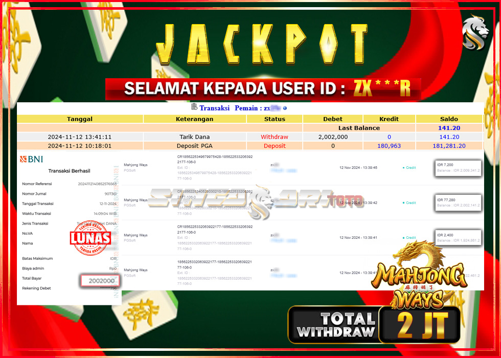 Jackpot Slot PGSoft Mahyong Ways Rp 2.002.000 – LUNAS