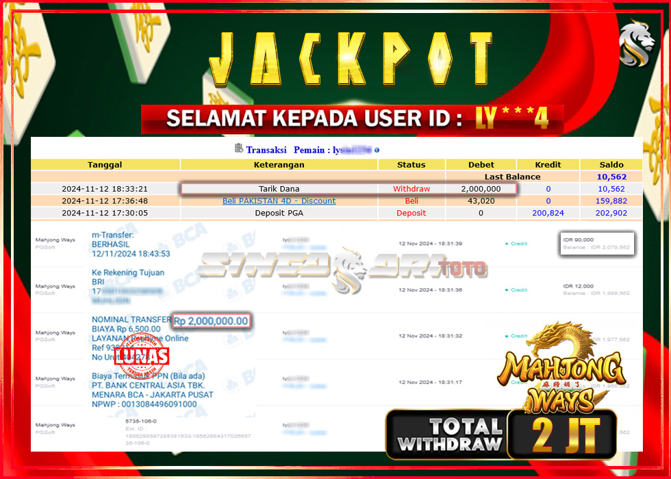 Jackpot Slot PGSoft Mahyong Ways Rp 2.000.000 – LUNAS