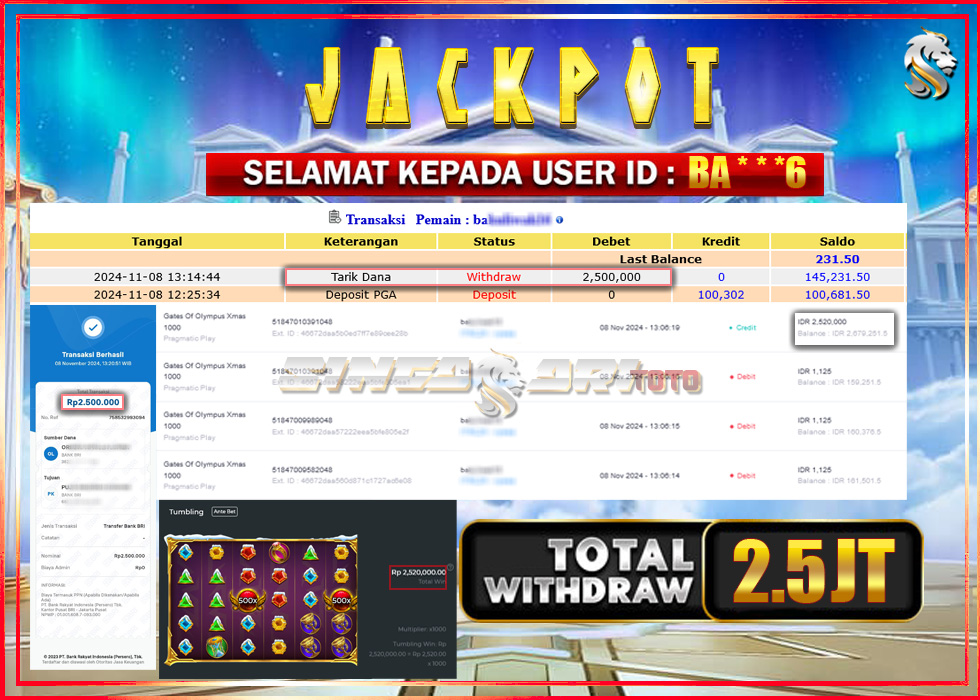 Jackpot Slot Pragmaticplay Gates Of Olympus Xmas 1000 Rp 2.520.000 – LUNAS