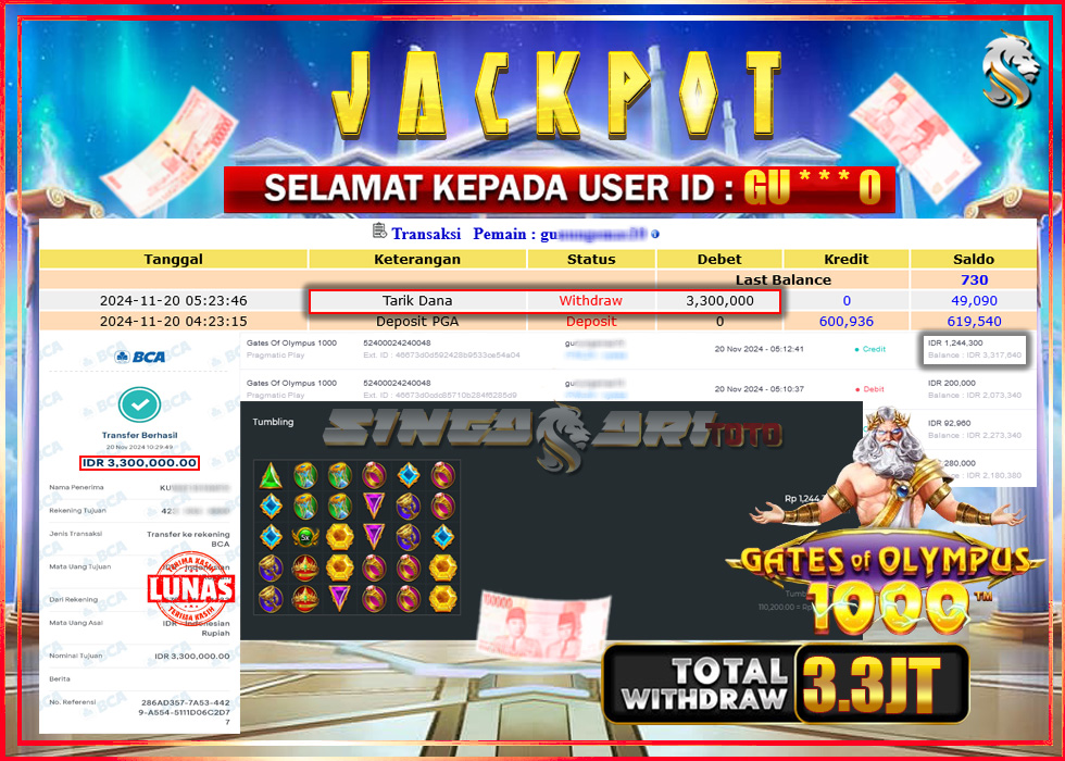 Jackpot Slot Pragmaticplay Gates Of Olympus 1000 Rp 3.300.000 – LUNAS