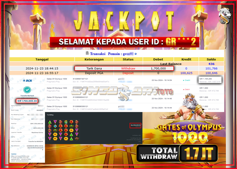 Jackpot Slot Pragmaticplay Gates Of Olympus 1000 Rp 1.700.000 – LUNAS