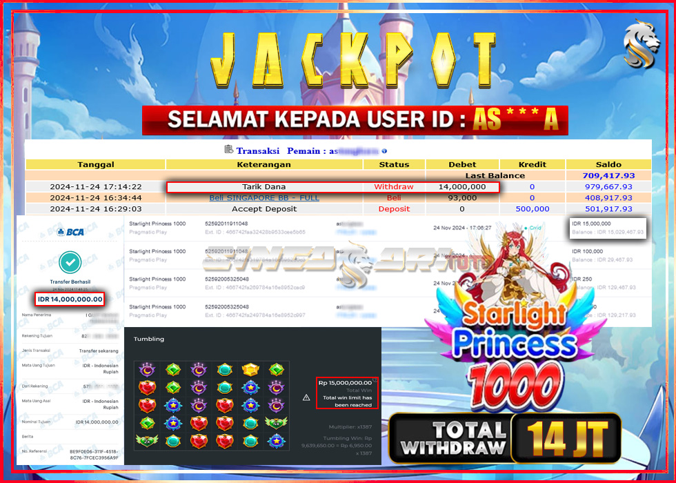 Jackpot Slot Pragmaticplay Starlight Princess 1000 Rp 15.000.000 – LUNAS