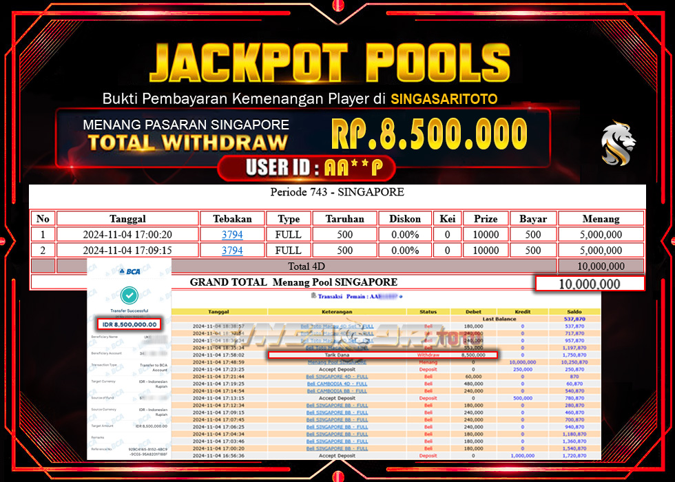 Jackpot Togel Pasaran Singapore Rp 10.000.000 – LUNAS