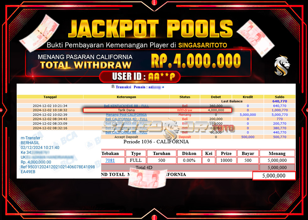 Jackpot Togel Pasaran California Rp 5.000.000 – LUNAS