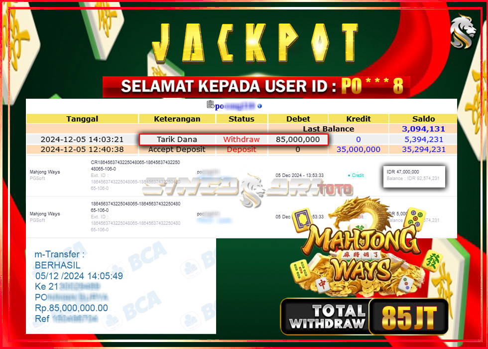 Jackpot Slot PGSoft Mahyong Ways Rp 85.000.000 – LUNAS