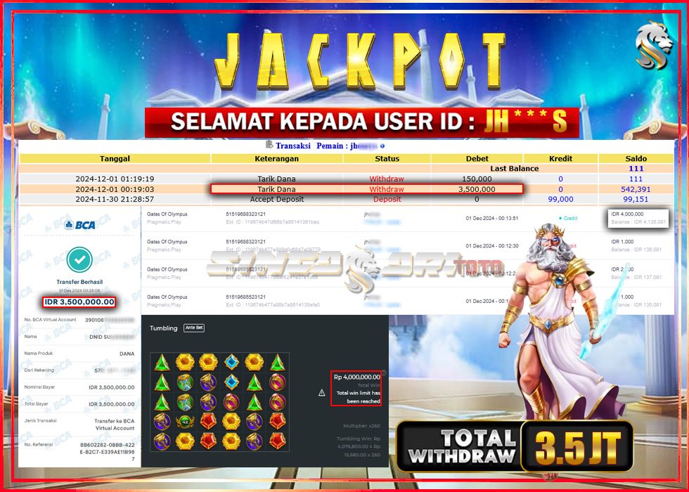 Jackpot Slot Pragmaticplay Gates Of Olympus Rp 4.000.000 – LUNAS
