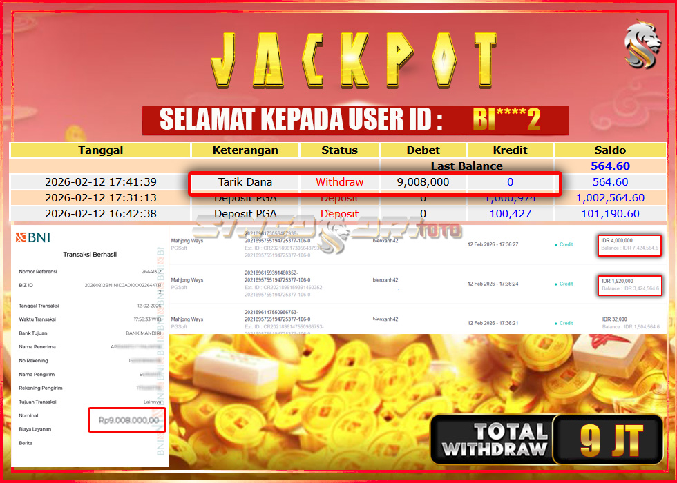 Jackpot Slot Pgsoft Mahyong Ways Rp 9.008.000 – LUNAS