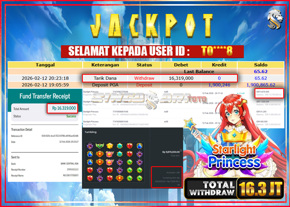 Jackpot Slot Pragmaticplay Starlight Princess Rp 16.319.000 – LUNAS